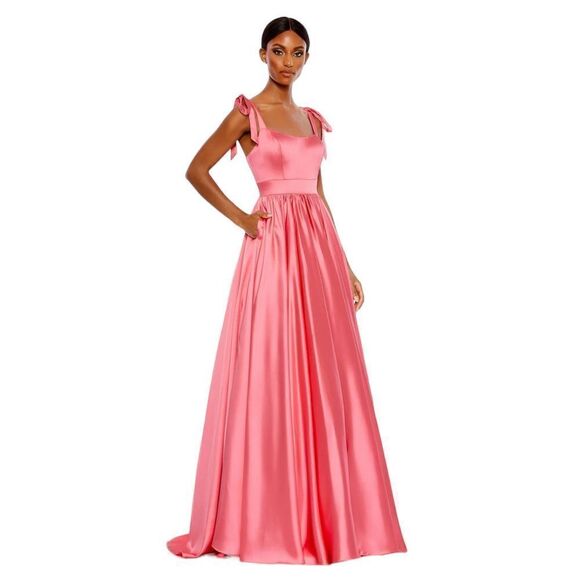 Mac Duggal 67981 Tie Shoulder Sweetheart Satin Ballgown Coral Women's Size 8 - Picture 1 of 10